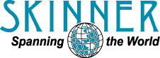 The word Skinner in blue, with a small globe underneath.