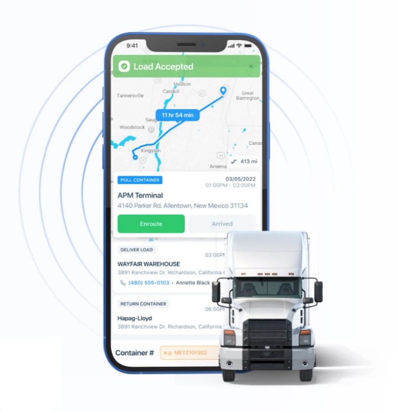 A cell phone tracking app with a truck in the bottom right corner.